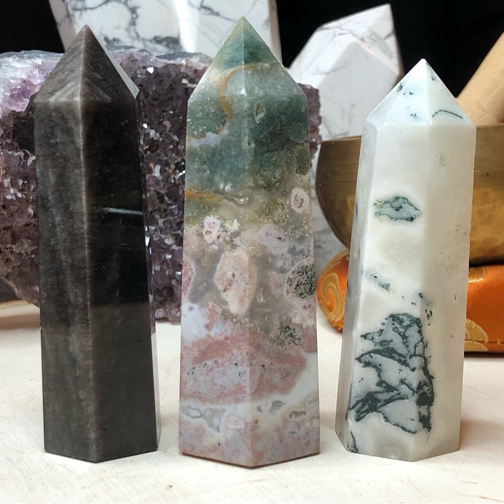 Silver Sheen Obsidian, Ocean Jasper, Tree Agate Towers